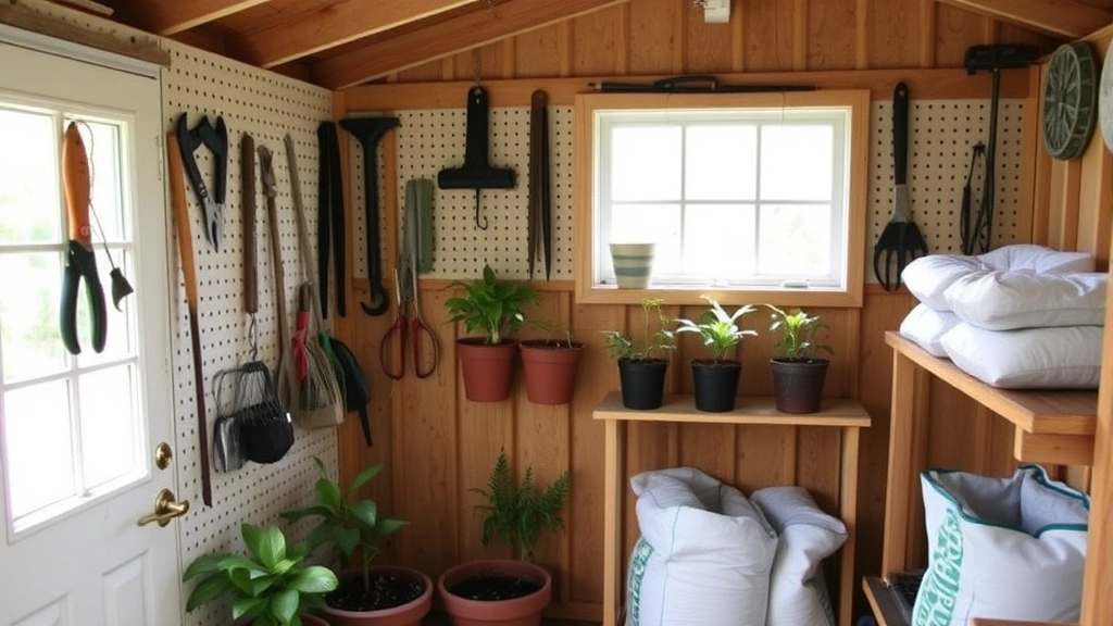 Organized garden shed interior with pegboard wall displaying hanging hand tools, pruning shears, and gardening implements, wooden shelving with potted plants and bags of soil, natural window light streaming in