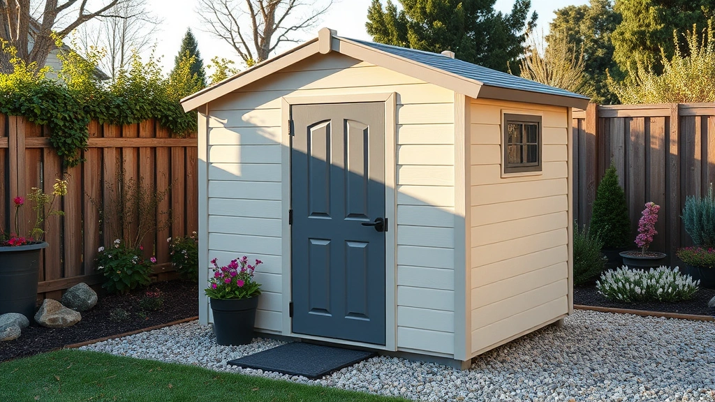 Modern plastic resin garden shed in backyard setting with gravel foundation, peaked roof design, weatherproof door, surrounded by flowering perennials and garden beds, morning sunlight
