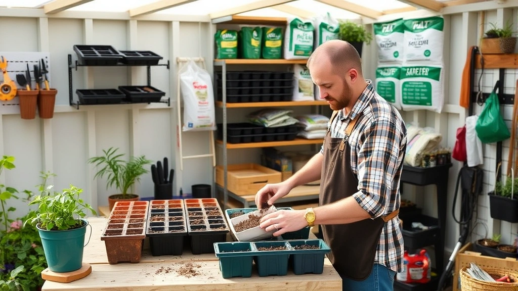 Gardener working at potting bench inside shed workspace, mixing soil in containers, with organized shelving behind containing seed trays, fertilizer bags, and gardening supplies, bright interior lighting