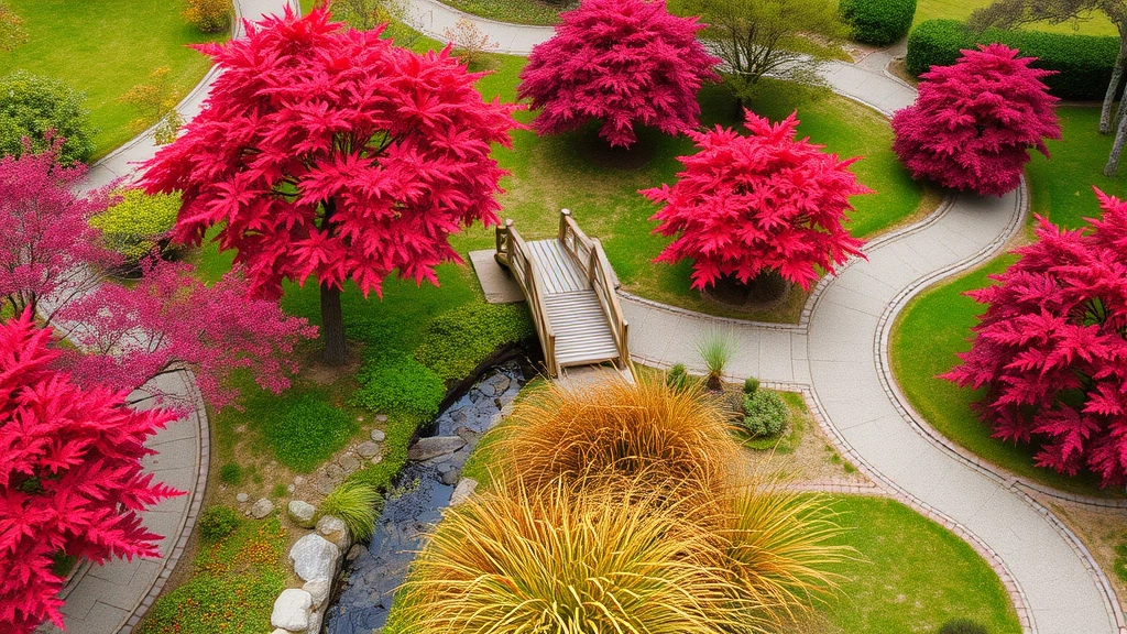 Aerial view of winding garden pathways with Japanese maples displaying red autumn foliage, wooden bridge crossing small stream, ornamental grasses in mid-ground