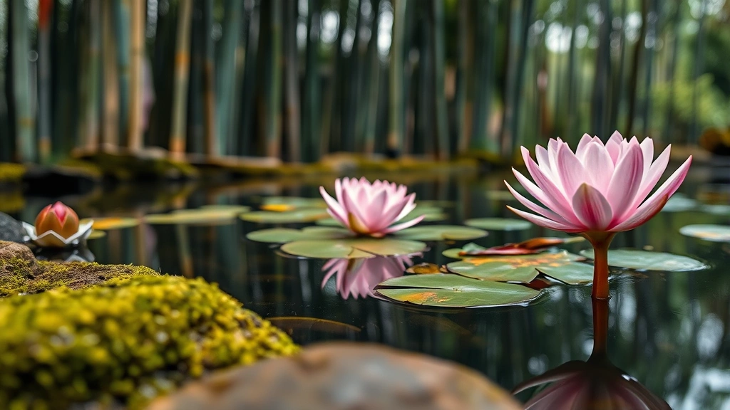 Close-up of Japanese garden water feature with pink water lilies blooming in still pond, moss-covered rocks in foreground, bamboo grove blurred in background