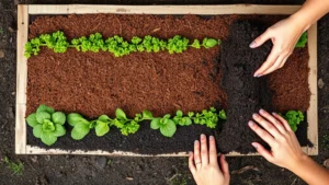 Overhead view of layered sandwich garden bed showing alternating brown and green material layers in cross-section, rich dark soil visible, hands placing compost layer