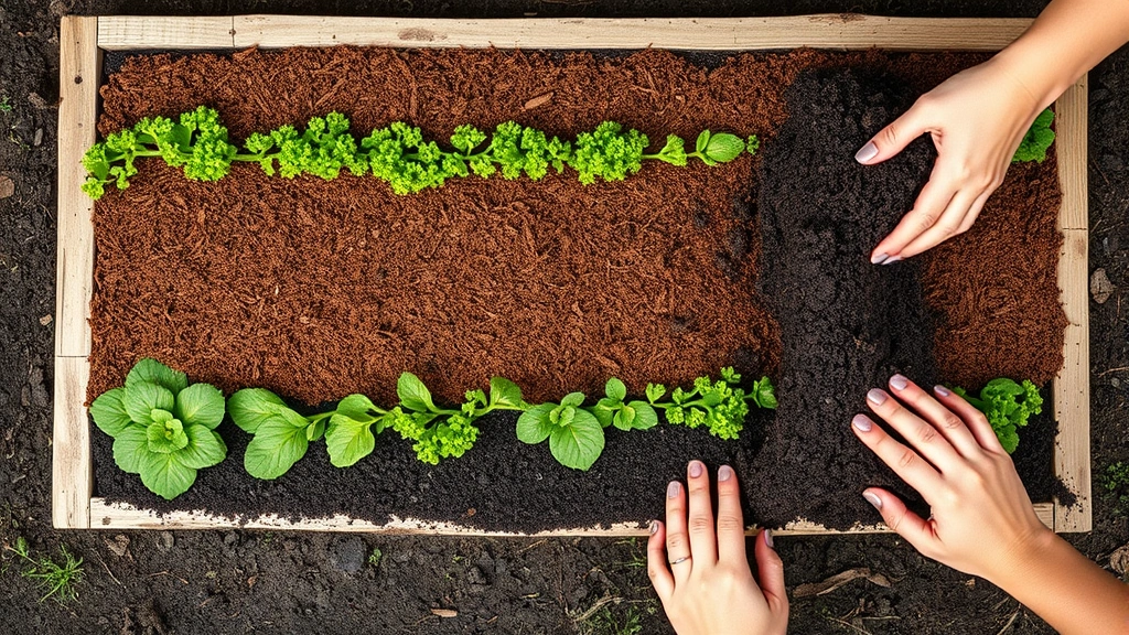 Overhead view of layered sandwich garden bed showing alternating brown and green material layers in cross-section, rich dark soil visible, hands placing compost layer