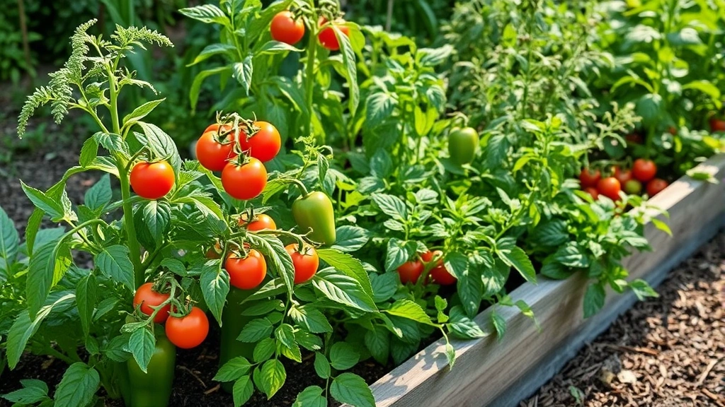 Thriving vegetable garden with tomatoes, peppers, and herbs growing in raised sandwich bed, lush green foliage, morning sunlight, mulched surface visible