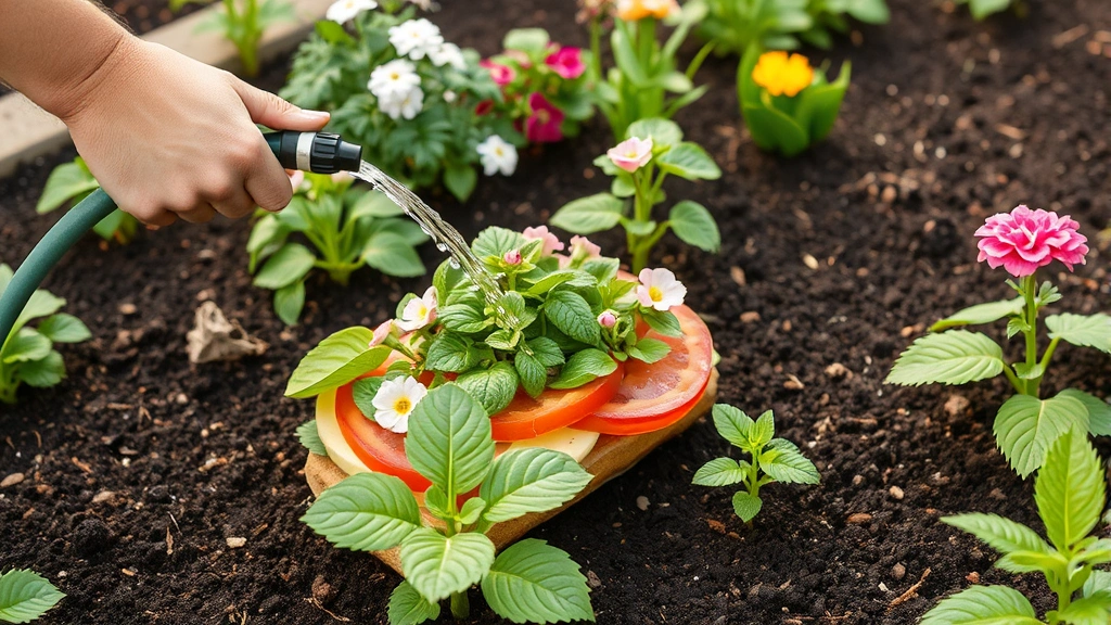 Person watering mature sandwich garden bed with drip irrigation hose, established plants flowering, settled nutrient-rich dark soil, healthy plant growth demonstrating success