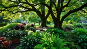 Lush shade garden with layered hostas, ferns, and hellebores creating vibrant green foliage display beneath mature deciduous tree canopy with dappled sunlight filtering through leaves