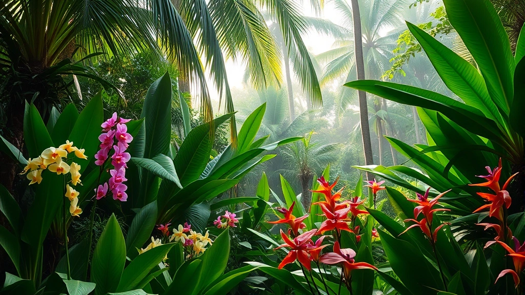 Lush tropical garden with layered orchids, anthuriums, and vibrant green foliage under dappled sunlight filtering through tall palms and trees, humid misty atmosphere