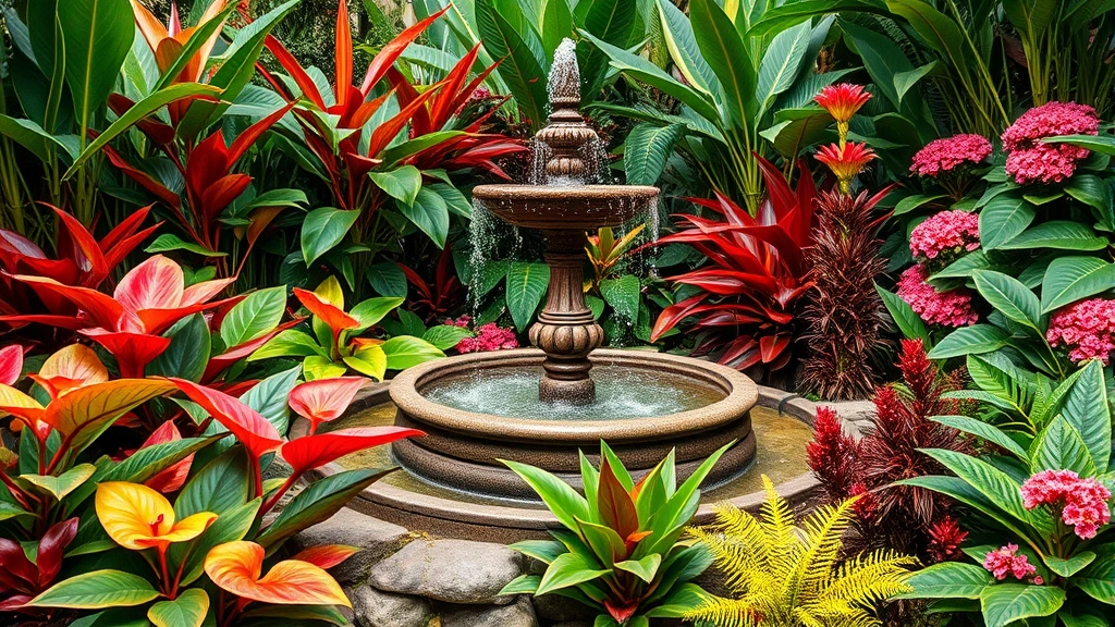 Ornamental water feature fountain surrounded by red and orange heliconias, variegated alocasia leaves, and flowering gingers creating dense tropical landscape composition