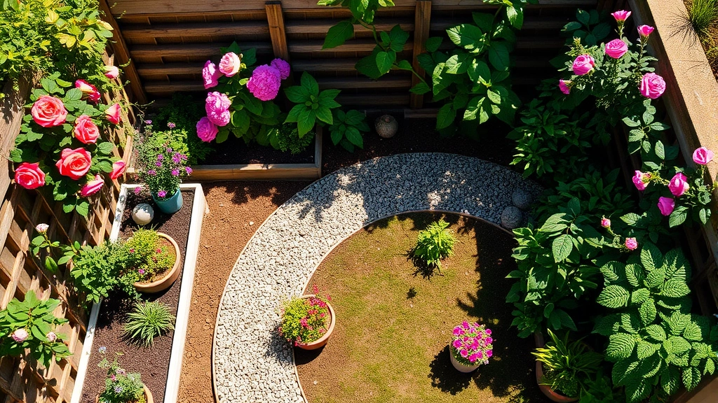 Overhead view of a meticulously designed small urban garden with raised beds, vertical trellises with climbing roses, curved gravel pathways, and vibrant container plantings in coordinated colors, sunlit and inviting