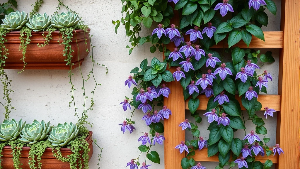 Close-up of layered vertical gardening featuring wall-mounted planters with cascading succulents and trailing ivy, wooden trellis supporting clematis vines with delicate purple flowers, creating dimensional texture and depth