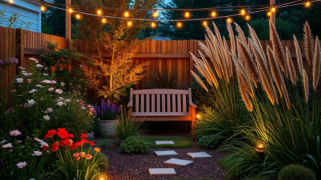 Evening view of a small garden sanctuary with warm string lights overhead, a simple wooden bench surrounded by blooming perennials, ornamental grasses catching golden light, and softly glowing pathway lights creating intimate ambiance