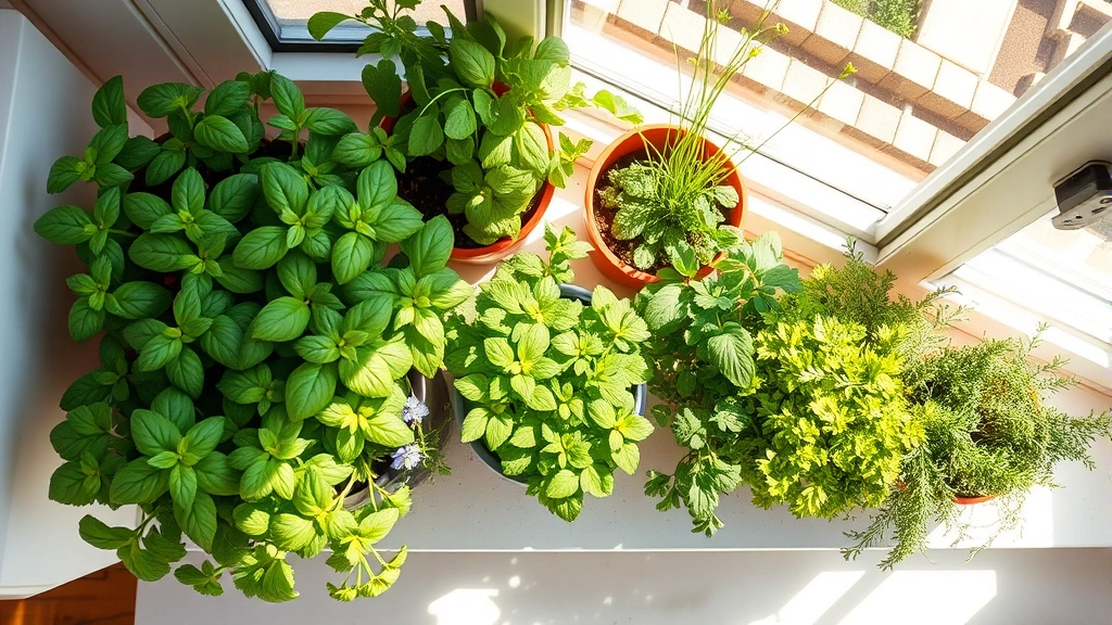 Overhead view of diverse potted herbs including basil, cilantro, oregano, and thyme arranged on sunny windowsill with morning light streaming through window