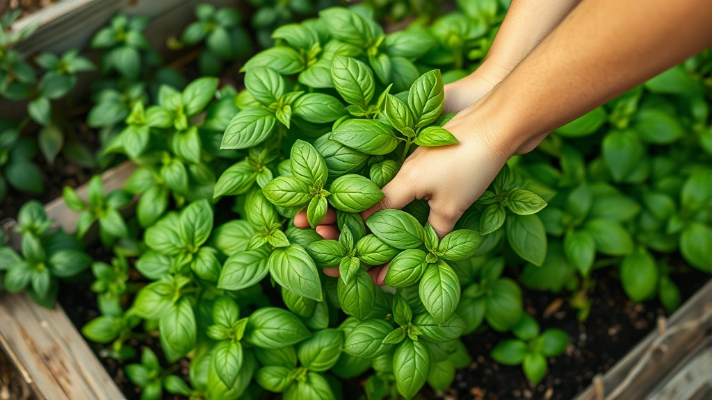 Close-up of hands harvesting fresh basil leaves from mature bushy plant in raised garden bed with lush green foliage
