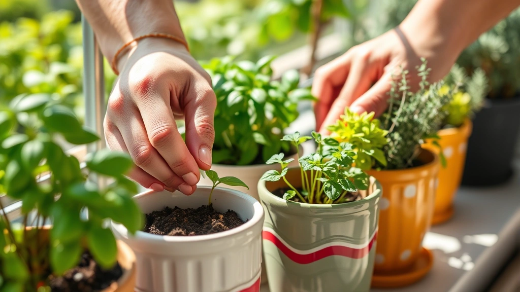 Close-up of hands planting spring herbs like basil and thyme in colorful ceramic pots on a sunny apartment balcony with lush green foliage visible, dappled sunlight
