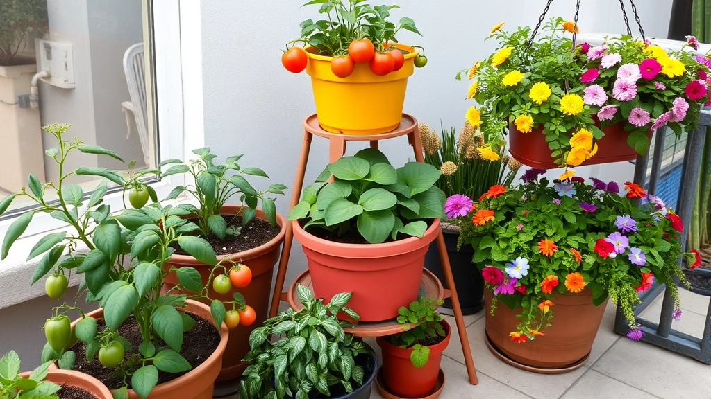 Vibrant tiered plant stand overflowing with spring vegetables and flowers in containers on apartment patio, tomato plants with early buds, hanging baskets of trailing flowers