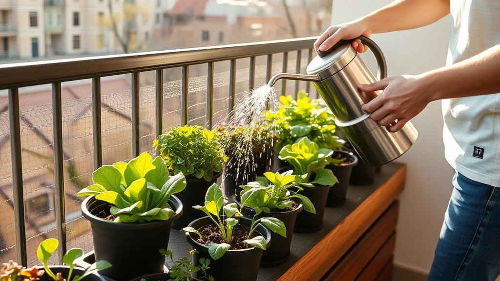 Person watering container garden on apartment balcony with drip irrigation system, multiple pots of lettuce and herbs thriving, morning sunlight, peaceful spring setting