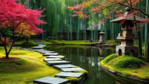 Serene Japanese garden with stepping stones winding through moss-covered ground, Japanese maples with delicate foliage, traditional stone lantern reflected in calm pond water, lush green bamboo grove in background, peaceful and contemplative atmosphere