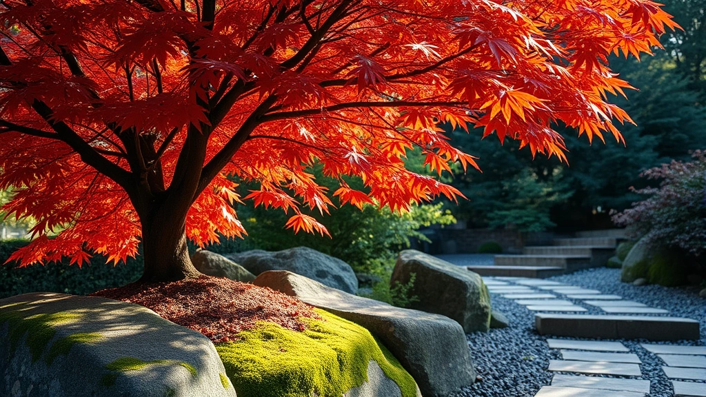 Close-up of Japanese maple tree with intricate red and orange autumn foliage, moss-covered rocks and boulders in foreground, natural stone pathway with carefully raked gravel, soft dappled sunlight filtering through canopy, showcase seasonal garden beauty
