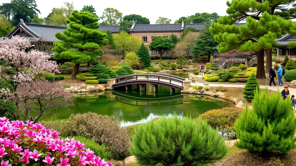 Panoramic view of Japanese garden pond with bridge, diverse plantings including azaleas and evergreen shrubs in bloom, traditional garden architecture elements, mature trees creating layered canopy, visitors strolling peaceful pathways, harmonious landscape composition