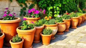 Weathered terracotta garden pots in various sizes arranged on rustic stone pathway, filled with colorful flowering plants and trailing ivy, Mediterranean garden setting with warm afternoon sunlight casting shadows