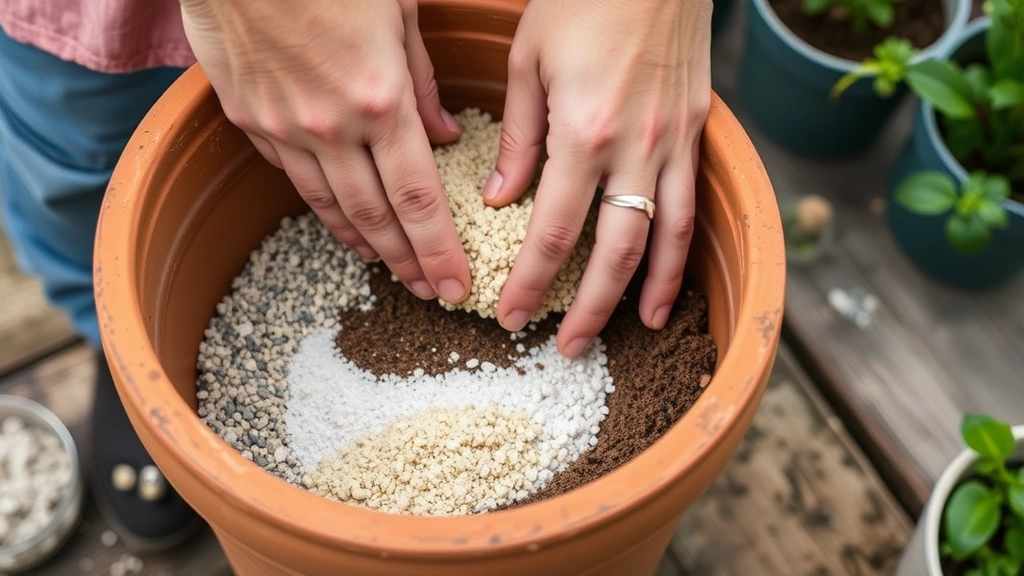 Close-up of hands layering drainage materials in large terracotta pot interior, showing gravel, perlite, and potting soil layers with proper preparation technique, natural gardening workspace