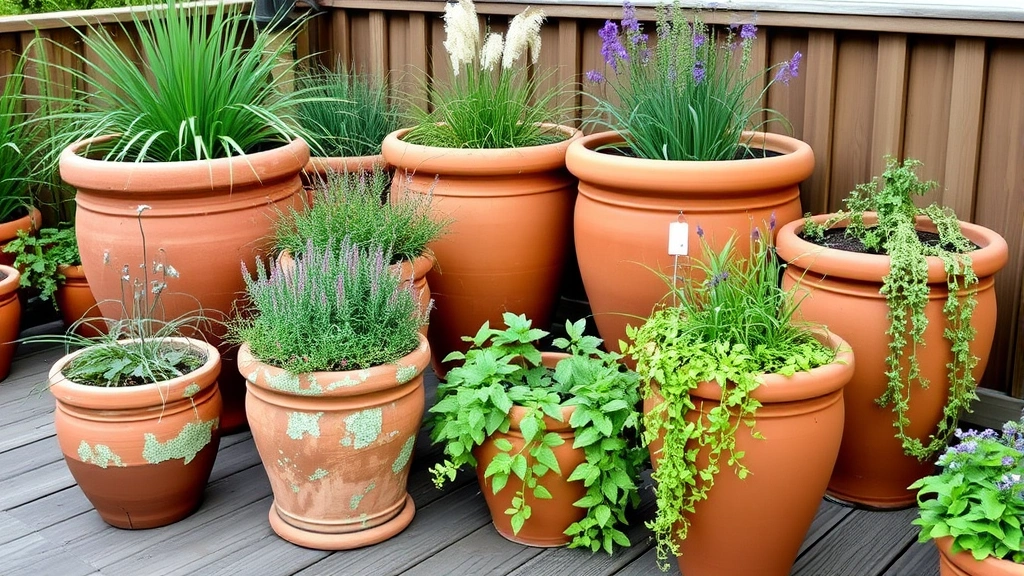 Collection of premium terracotta large garden pots with established patina and lichen growth, positioned on wooden deck with mixed plantings including ornamental grasses, flowering perennials, and trailing herbs
