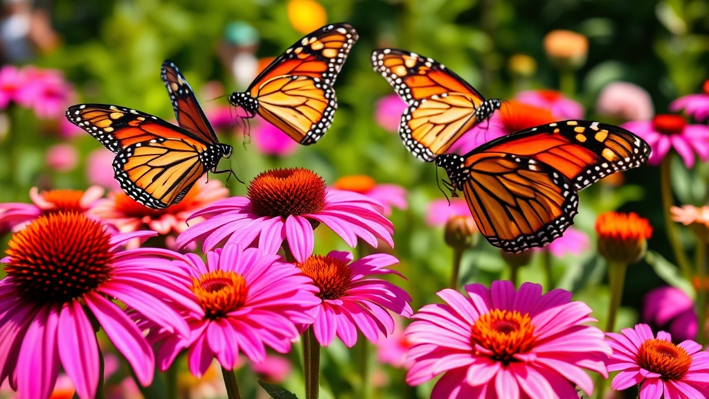 Vibrant butterfly garden with monarch and swallowtail butterflies feeding on purple coneflowers and pink zinnias in bright afternoon sunlight, garden background blurred