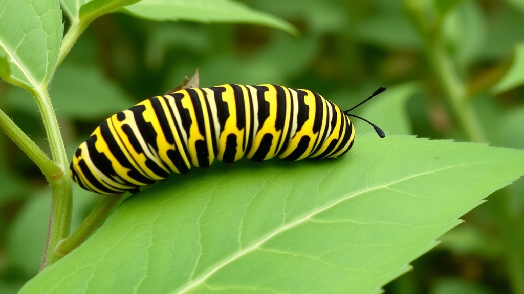 Close-up of monarch caterpillar with distinctive yellow and black stripes on milkweed plant leaves, natural green garden setting