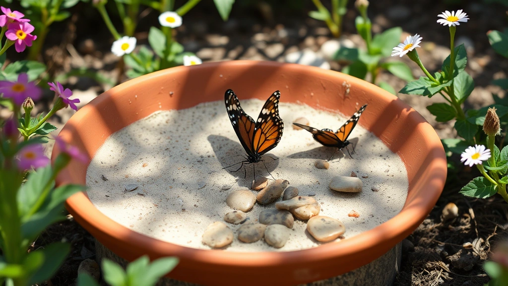 Shallow terracotta saucer butterfly puddling station filled with moist sand and small stones in dappled sunlight, surrounded by flowering plants and green foliage