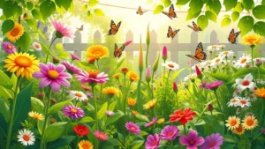 Vibrant animated garden scene with diverse flowering plants, vegetables, and butterflies pollinating flowers, bright sunlight filtering through leaves, lush green foliage