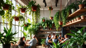 Lush interior cafe space with hanging planters, pothos vines cascading from shelves, and customers seated among thriving green plants with natural sunlight streaming through large windows