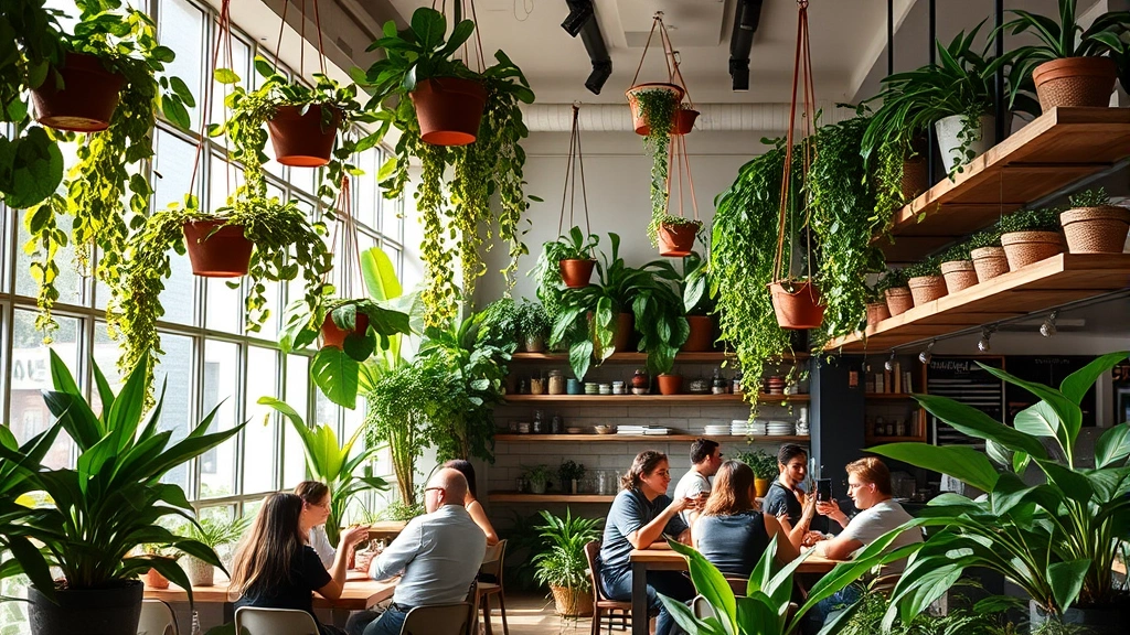 Lush interior cafe space with hanging planters, pothos vines cascading from shelves, and customers seated among thriving green plants with natural sunlight streaming through large windows