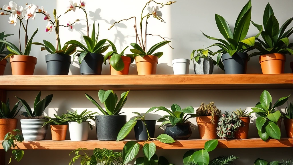 Close-up of diverse potted plants on wooden shelves including orchids, philodendrons, and succulents arranged at different heights with soft cafe lighting creating shadows
