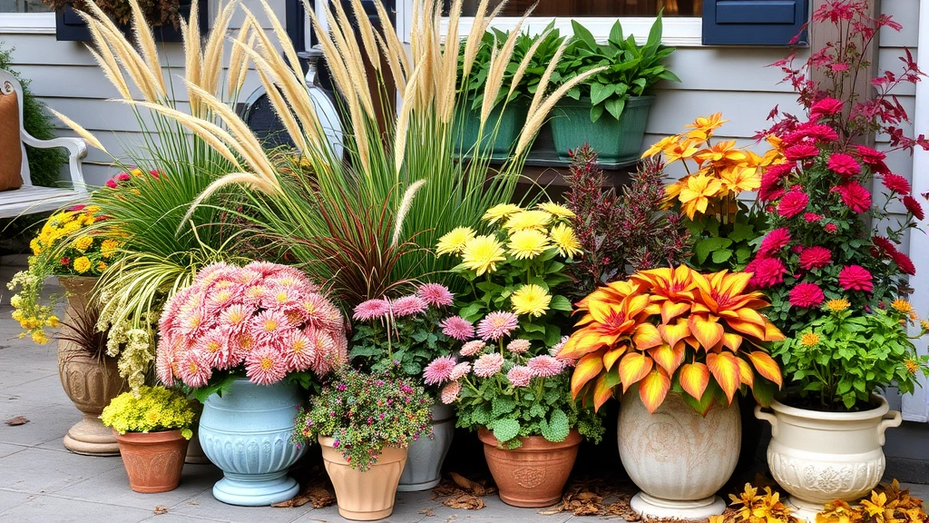 Seasonal autumn display featuring ornamental grasses, chrysanthemums in various colors, and fall foliage plants arranged artfully in vintage ceramic pots near a cozy seating nook