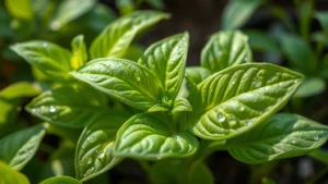 Fresh Thai basil leaves glistening with morning dew, vibrant green color, close-up macro photography showing texture and delicate veining, growing in a lush garden bed with soft natural light