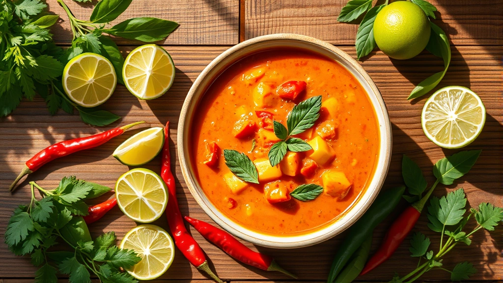 Overhead shot of colorful Thai curry in a ceramic bowl surrounded by fresh lime wedges, Thai chilies, and aromatic herbs on a wooden table with natural sunlight streaming across the scene