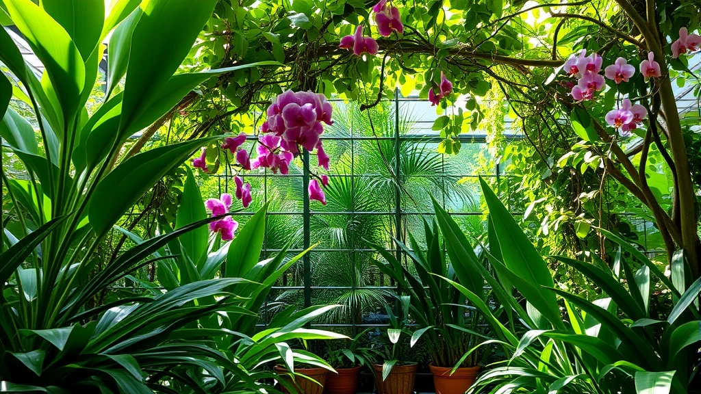 Lush tropical garden with diverse foliage plants, flowering orchids, and hanging vines creating natural room dividers, dappled sunlight filtering through leaves, serene botanical setting
