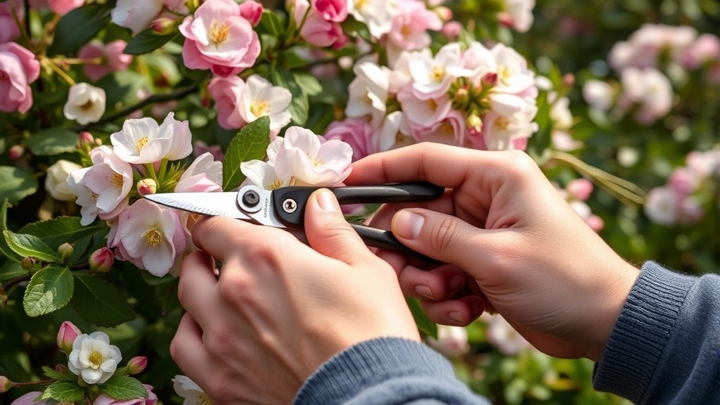 Close-up of hands demonstrating proper pruning technique on a flowering shrub, showing the exact cutting angle and hand position, natural daylight, detailed and instructional