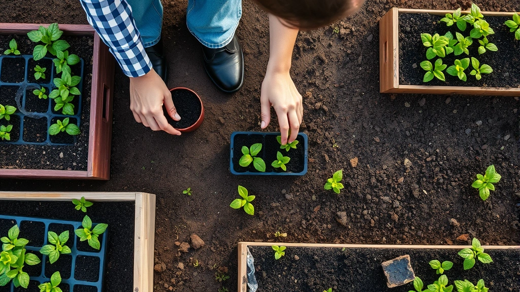 Overhead view of a gardener transplanting seedlings into raised garden beds filled with dark soil, multiple seedling trays visible, spring garden setting with morning light