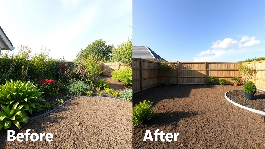 Split-screen demonstration showing before and after of a garden transformation, lush mature plantings on one side and prepared empty bed on the other, professional garden landscape