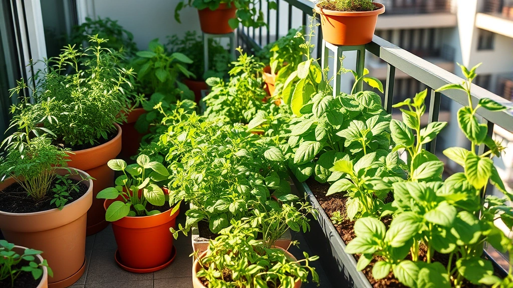 Urban apartment balcony garden with lush green potted herbs and vegetables in various containers, morning sunlight casting shadows, green plants thriving in limited space