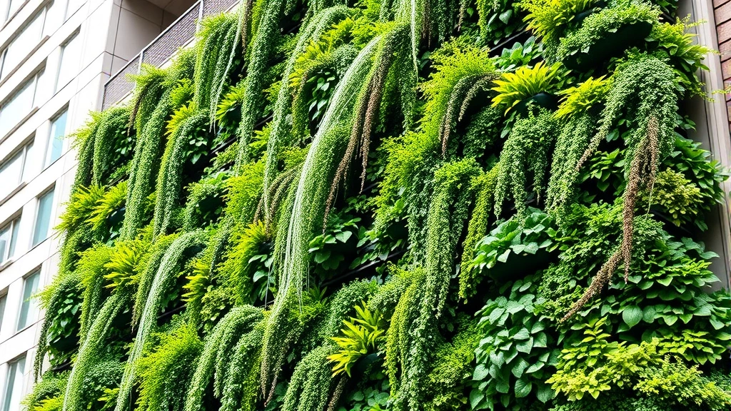 Vertical living wall system with cascading green plants and herbs growing densely packed in modular pockets, creating a dramatic green backdrop on urban building wall