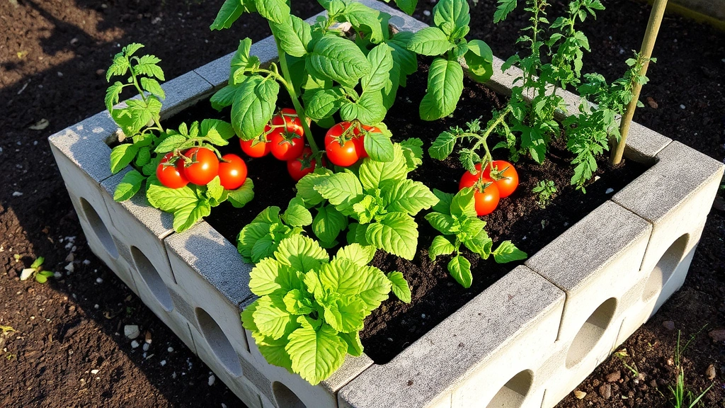 Raised garden bed made from concrete breeze blocks filled with dark soil, containing thriving tomato plants with red fruit, green lettuce, and fresh herbs in morning light