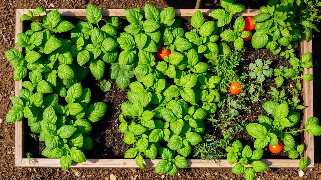 Overhead view of lush vegetable raised garden bed overflowing with green leafy vegetables, tomato plants, and herbs growing densely in rich dark soil, sunny garden setting