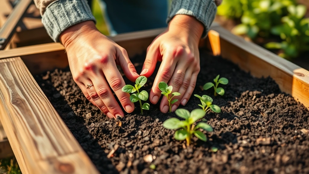 Close-up of gardener's hands planting seedlings into dark soil-filled wooden raised garden bed frame, showing proper spacing and depth, morning sunlight illuminating the scene