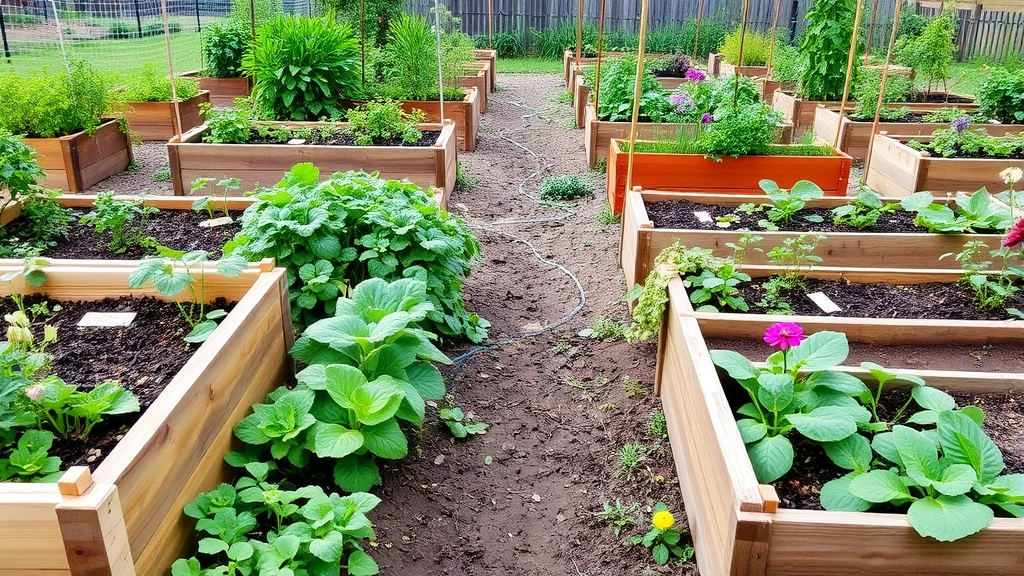 Well-organized vegetable garden with multiple wooden raised beds in various growth stages, drip irrigation lines visible, green plants thriving, companion flowers interspersed, garden pathway between beds