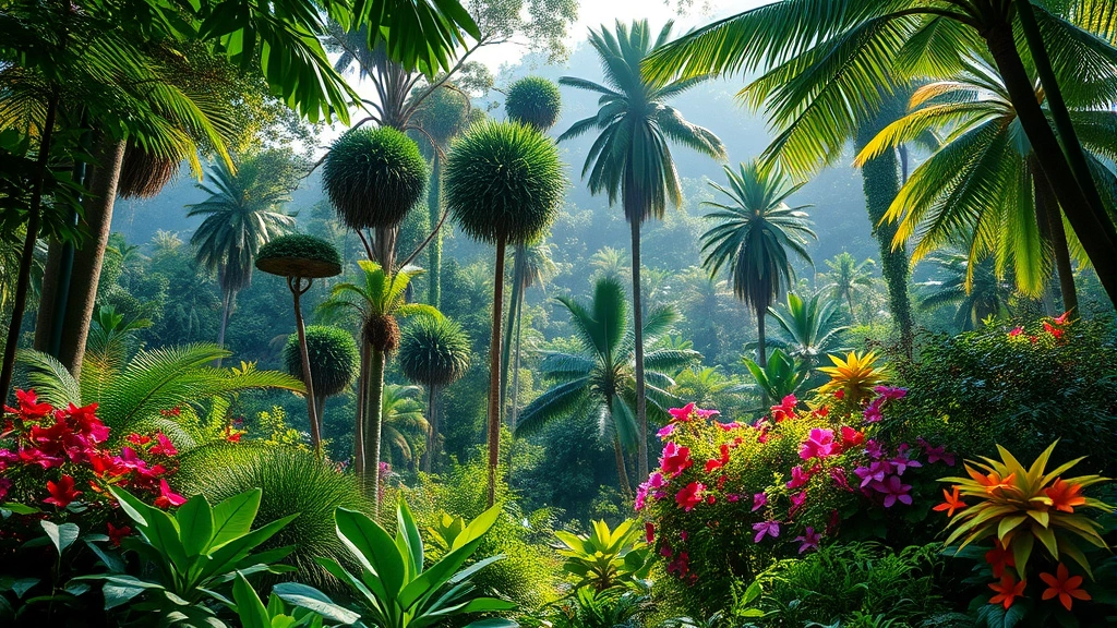 Lush tropical valley garden with layered vegetation including tall canopy trees, vibrant flowering shrubs, and groundcover plants creating depth and complexity, dappled sunlight filtering through leaves, rich green tones and colorful blooms visible in distance, photorealistic botanical landscape