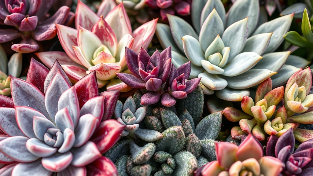 Close-up of diverse succulent and foliage plants arranged by color and texture, featuring variegated leaves, purple and silver-toned plants, architectural forms creating visual interest, natural daylight highlighting leaf details and plant combinations, water droplets on leaves from recent misting