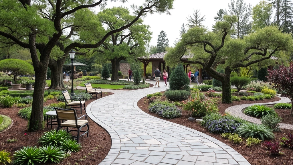Winding stone pathway through botanical garden with comfortable seating areas, specimen trees creating focal points, shade structures visible, visitors walking leisurely through diverse plantings, pathways lined with flowering plants and foliage, peaceful garden atmosphere demonstrating accessibility and thoughtful design