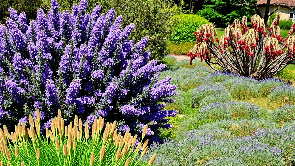 Lush California native garden with blooming ceanothus shrubs displaying purple-blue flowers, toyon with red berries, and native sages in full sun, showing diverse textures and colors typical of Garden Grove landscapes